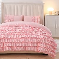 Pink Waterfall Ruffle Comforter Set Full Size Multi-Layers Ruffled Shabby Chic 3PCS Bedding Set for Girls Women