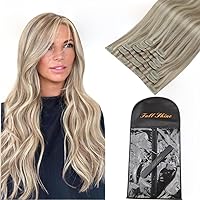 Hair Extensions Real Human Hair Clip ins Blonde Highlight Seamless Clip in Human Hair Extensions 20 Inch 8 Pcs 120 Grams+One Long Hair Extension Storage Bag With Hair Extension Hanger