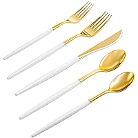 Rubtlamp 96 Pcs Gold Plastic Silverware, Gold Plastic Utensils with White Handle, Gold Cutlery Set Disposable Includes: 32 Knives, 64 Plastic Spoons And Forks for Wedding And Party.