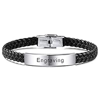 MeMeDIY Personalized Leather Bracelet Customized Engraving Name Date ID for Men Women Best Friend Stainless Steel Adjustable Braided Cuff Love Anniversary Jewelry Gift