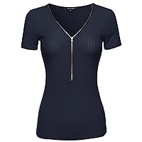 Women's Zipper Front Rib Knit Short Sleeve Shirt
