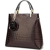 Shiny Patent Leather Women Handbag Crocodile Pattern Shoulder Bag Flower Pendant Top Handle Tote Satchel Purse
