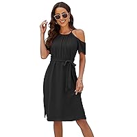 PEHMEA Womens Summer Halter Neck Dress Party Wedding Cold Shoulder Casual Split Sundresses with Belt