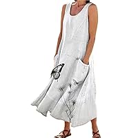 Dresses for Women 2024 Summer Trendy Linen Sleeveless Long Tank Sundresses Dandelion Floral Print Beach Dress with Pockets