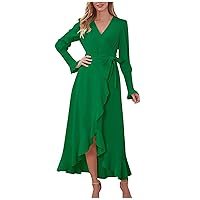 Women's Beach Outfits Long Sleeve Solid Color High Round Single Breasted Dress Slim Fit Formal Wedding Dress, S-2XL