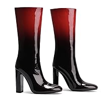 MOOMMO Mid Calf Chunky Heel Boots for Women Chic Round Toe Gradient Calf High Heel Boots Sexy Pull On leather 4” Block Heel Dress Boots Trendy Party Club Prom Winter Warm 4-11 M US