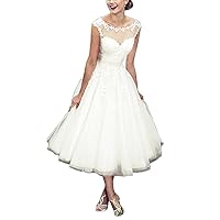 Lorderqueen Women's Elegant Sheer Vintage Short Lace Wedding Dresses for Bride