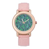 Cockatoo and Leaves in Blue and Green PU Leather Strap Watch Wristwatches Dress Watch for Women