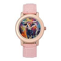 Bull Oil Painting Women's Watches Classic Quartz Watch with Leather Strap Easy to Read Wrist Watch