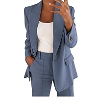 Women's 2 Piece Casual Outfits Lady Business Pockets Blazer Jackets and Slim Fit Pant Suit Sets