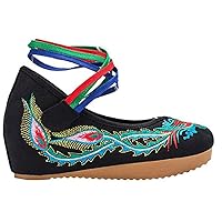 Women and Ladies' Embroidery Phenix Strappy Round Toe Platform Wedges Shoe Chinese Cloth Shoe (3 US, Black)
