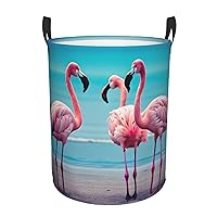 Flamingo Beach Round waterproof laundry basket,foldable storage basket,laundry Hampers with handle,suitable toy storage