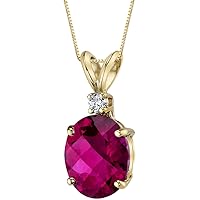PEORA Created Ruby with Genuine Diamond Pendant in 14K Yellow Gold, Elegant Solitaire, Oval Shape, 10x8mm, 3.50 Carats total