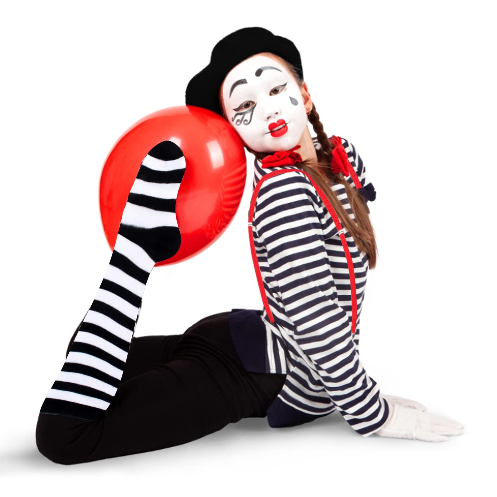 Keymall Kids Mime Artist Accessories 6Pcs with Beret Hat Suspender Scarf Gloves Face Paint Socks for Halloween Mime Costume