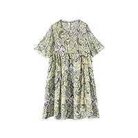 Women's Summer Real Silk Dress,Short Sleeve Floral Dress in Mulberry Silk