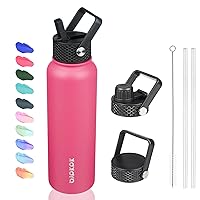 BJPKPK Insulated Water Bottles with Straw Lid, 40oz Stainless Steel Water Bottles with 3 Lids, Large Metal Water Bottle, BPA Free Leakproof Thermos Water Bottle for Sports & Gym- Rose Pink