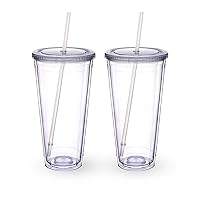 Clear Acrylic Tumbler with Straw and Lid 32 oz, Double Walled Insulated Reusable Plastic Iced Coffee Cup, To Go Cup Perfect for Parties, Birthdays, Fit in Cup Holder, BPA Free, Clear, 2 Pack