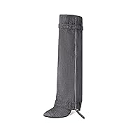 AOQUNFS Womens Denim Wide Calf Boots Zipper Pointed Toe Knee-high Tall Boots,DS-C84