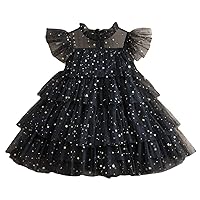 Toddler Girls Summer Flying Sleeves Star Moon Sequin Fairy Skirt Mesh Princess Dress Cake Dress