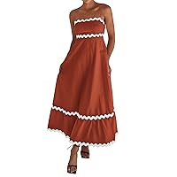 dowerme Women Summer Dresses 2024 Spaghetti Straps Sleeveless Smocked Rickrack Trim Boho Flowy Loose A-Line Midi Dress