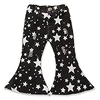 Kids Girls Flared Jeans Denim Pants with Star Print Ruffle Hem Ripped Jeans Bell Bottoms Trousers Casual Bottoms