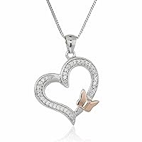 0.15 Ct Round Cut Created Diamond Butterfly & Heart Pendant Necklace 14k Two Tone Gold Plated 925 Sterling Silver