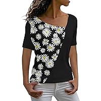 Womens Graphic Tshirts Summer Trendy Sexy Short Sleeve Print Tops Soft Casual Loose V Neck Tunic Blouse