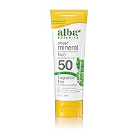 Alba Botanica Sunscreen for Face, Fragrance-Free Sheer Mineral Face Sunscreen Lotion, Broad Spectrum SPF 50, Water Resistant and Biodegradable, 2 fl. oz. Bottle