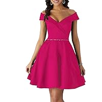 Womens Off The Shoulder Beaded Homecoming Dresses Satin Short Prom Dresses Party Cocktail Gown with Pockets