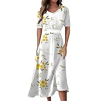 Womens Summer Dresses Gradient Print V-Neck Short Sleeve Waist Long Swing Dress
