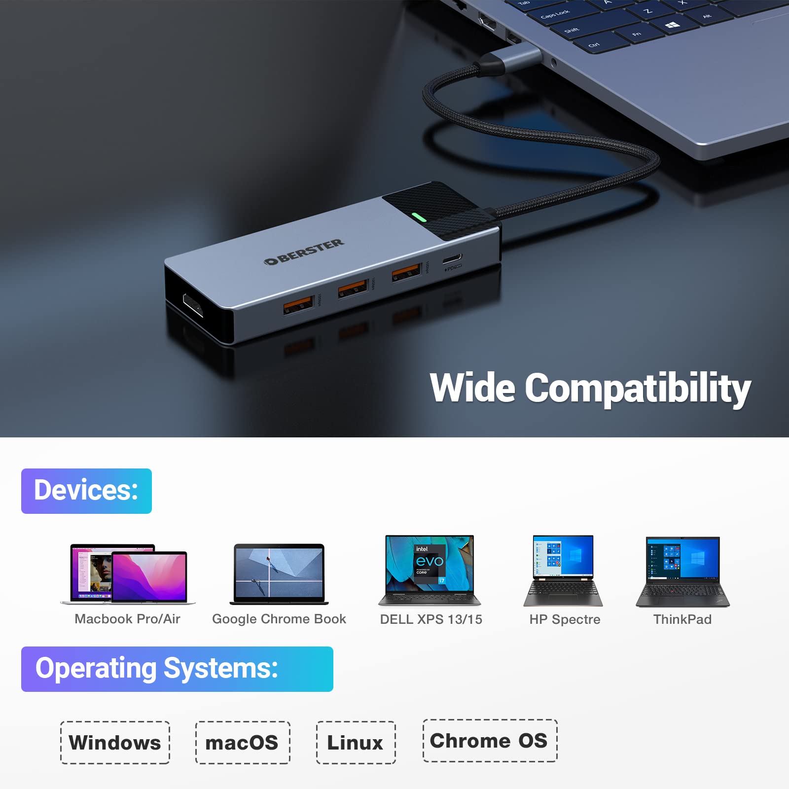 USB C 3.2 Hub with HDMI 4K@60Hz, OBERSTER USB C Adapter (USB A/C 3.2 10Gbps, 100W PD), Adaptador USB C 3.2 Ultra Delgado Compatible for MacBook Air/Pro, iMac, iPad Pro