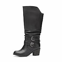 Women's Wide Calf Knee High Boots Round Toe Slouchy Mid Chunky Block Heel Fashion Winter Shoes