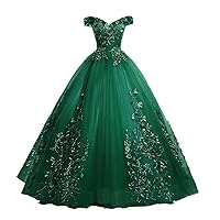 Women's Long Fluffy Quinceanera Dress Off Shoulder Wedding Gown Dresses Green