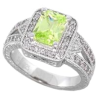 Sterling Silver Peridot Cubic Zirconia Halo Engagement Ring Emerald Cut 1 ½ ct cntr, Sizes 6-9