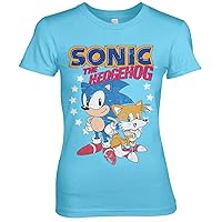 Sonic The Hedgehog Officially Licensed Sonic & Tails Women T-Shirt (Sky Blue), Small