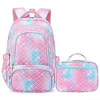 School Backpack Lunch Bag Set Water Repellent Casual Daypack Lightweight Bookbags for Girls (Mermaid)