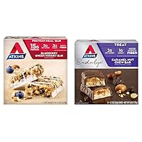 Atkins Blueberry Greek Yogurt Protein Meal Bar and Caramel Nut Chew Bar Bundle, 5 Count Each