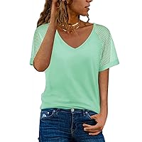 WEESO Casual V Neck T Shirts for Women Mesh Short Sleeve Dressy Tops