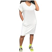 Women's Casual Dress Crewneck Solid Short Sleeve Shirt Dress Knee Length Midi Dress with Pocket