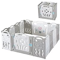 Baby Playpen 14 Panels Foldable Kids Safety Play Yard - Game Panel and Gate with Safety Lock Adjustable Shape for Children Toddlers Indoors or Outdoors(Grey+White, 14 Panel)