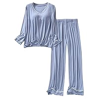 Women's Modal Cotton Pajamas Sets Built in Bra V Neck Long Sleeve Top and Pants 2Piece Outfits Loose Comfy Sleepwear
