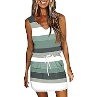 Beach Dress for Women Sundresses for Women 2024 Striped Print Casual Fashion Slim Fit with Waistband Short Sleeve V Neck Summer Dress Dark Green XX-Large