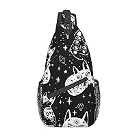 halloween gothic Witch moon star cat skull black and white Small Sling Bag For Women Men Casual Crossbody Sling Backpack