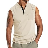 Men's Casual Sleeveless Henley Shirts Summer Beach Solid Color Tank Tops Loose Fit Lightweight Tee with Pocket