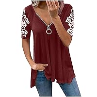 Womens Summer Top, Fashion Short Sleeve Strapless Casual Tunic Tops, Daily Loose Fit T-Shirt Zipper V-Neck Blouses Tee, B- Red, XX-Large