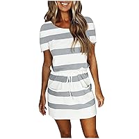 Sundresses for Women 2024 Trendy Striped Spaghetti Strap Summer Beach Midi Dress Casual Tie Waist Dresses with Pocket
