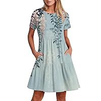 Boho Mini Dress for Women Casual Crewneck Short Sleeve Floral Print Flowy Pleated Loose Dresses with Pockets