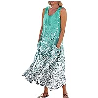 Women Linen Dress Linen Dress for Women 2024 Bohemian Print Sparkly Fashion Loose Fit with Sleeveless U Neck Summer Dresses Cyan Medium