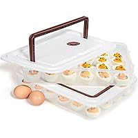 77L Deviled Egg Containers with Lid, (Set of 2), Plastic Deviled Egg Tray Carrier with Handle for 48 Eggs, Clear Storage Egg Platter for Devil Egg, Fridge Stackable Portable Egg Holder