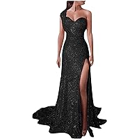 Womens Sequin Sparkly Glitter Party Dress One Shoulder Ruched Cocktail Bodycon Dress Sexy Slit Formal Maxi Dresses